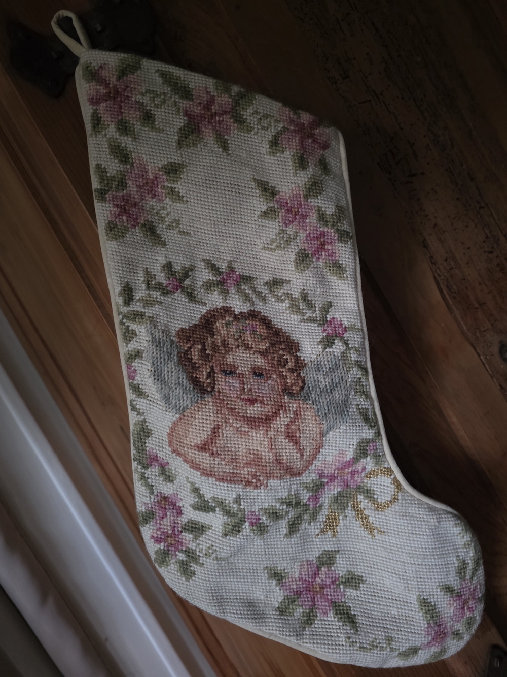 Handcrafted Angel Needlepoint Holiday Stocking - Cream and Pink